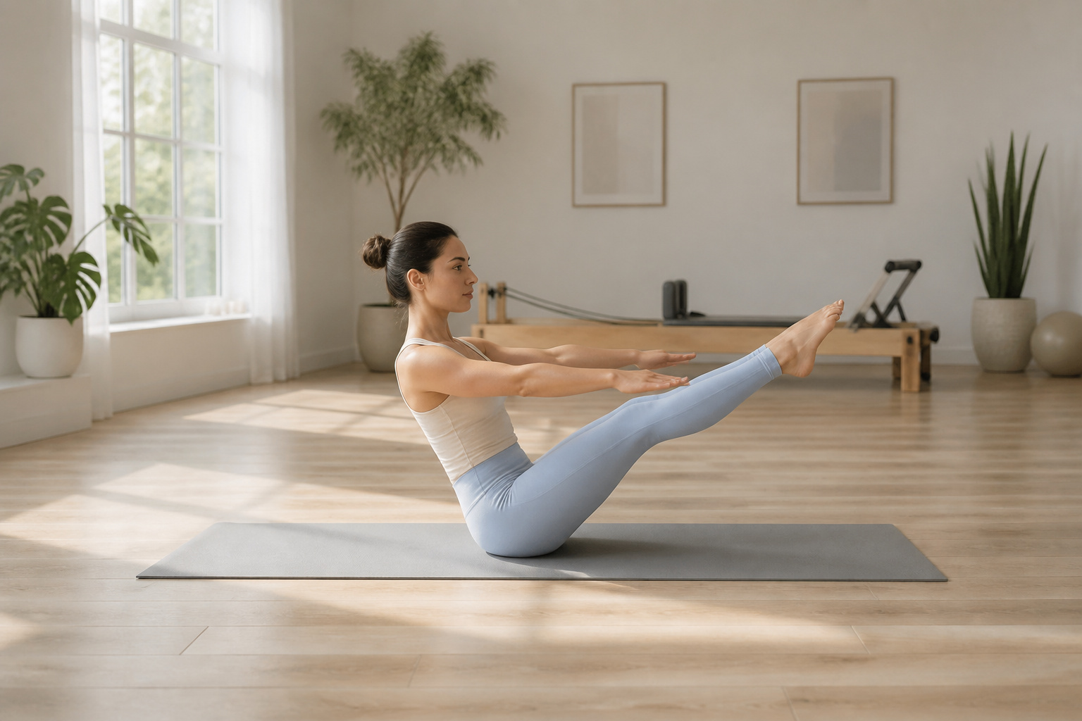 Femme pratiquant le pilates en studio serein