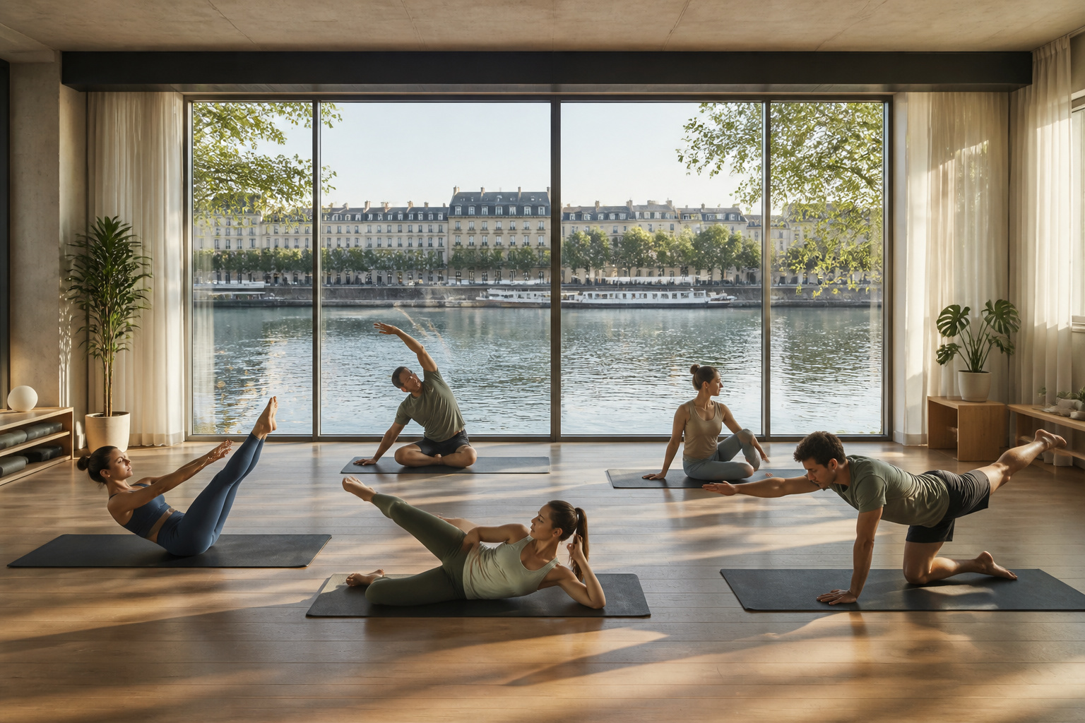Cours de pilates au bord de la seine