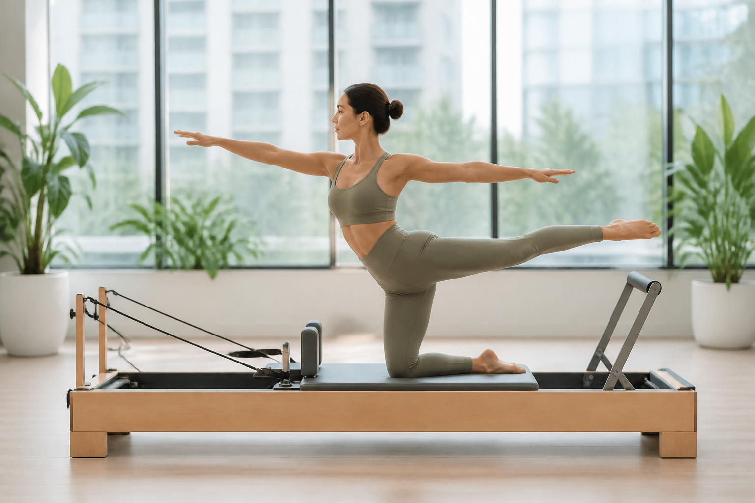 Femme pratiquant le pilates dans un studio lumineux
