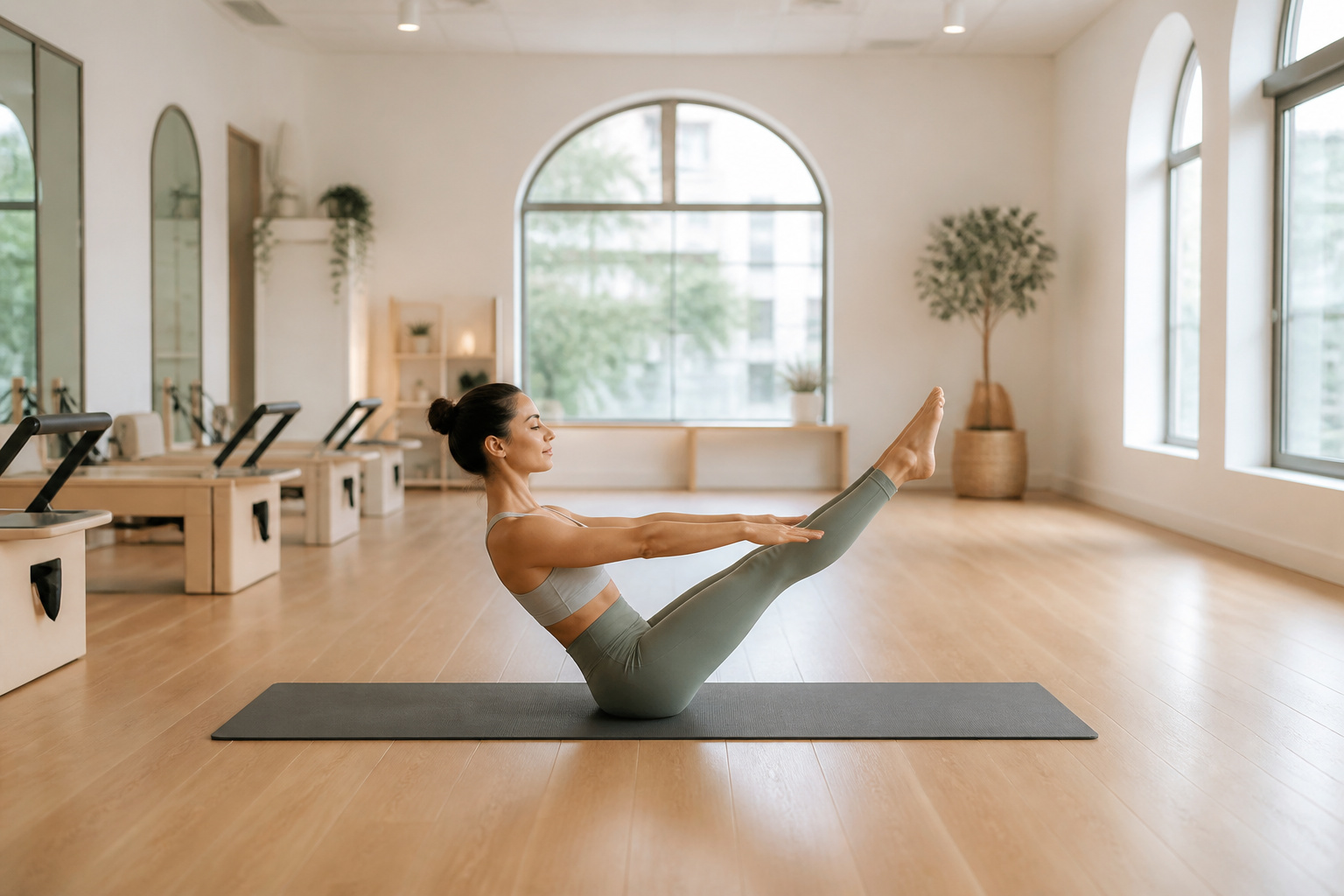 Femme pratiquant le pilates dans un studio lumineux