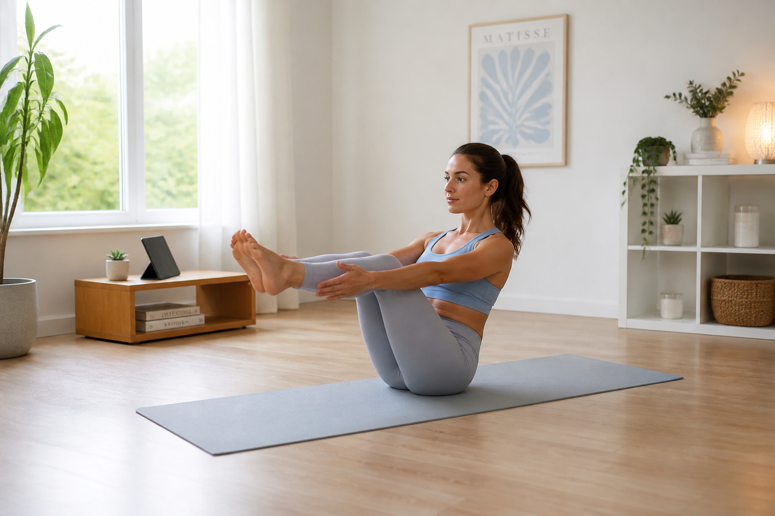 Femme pratiquant le pilates a domicile