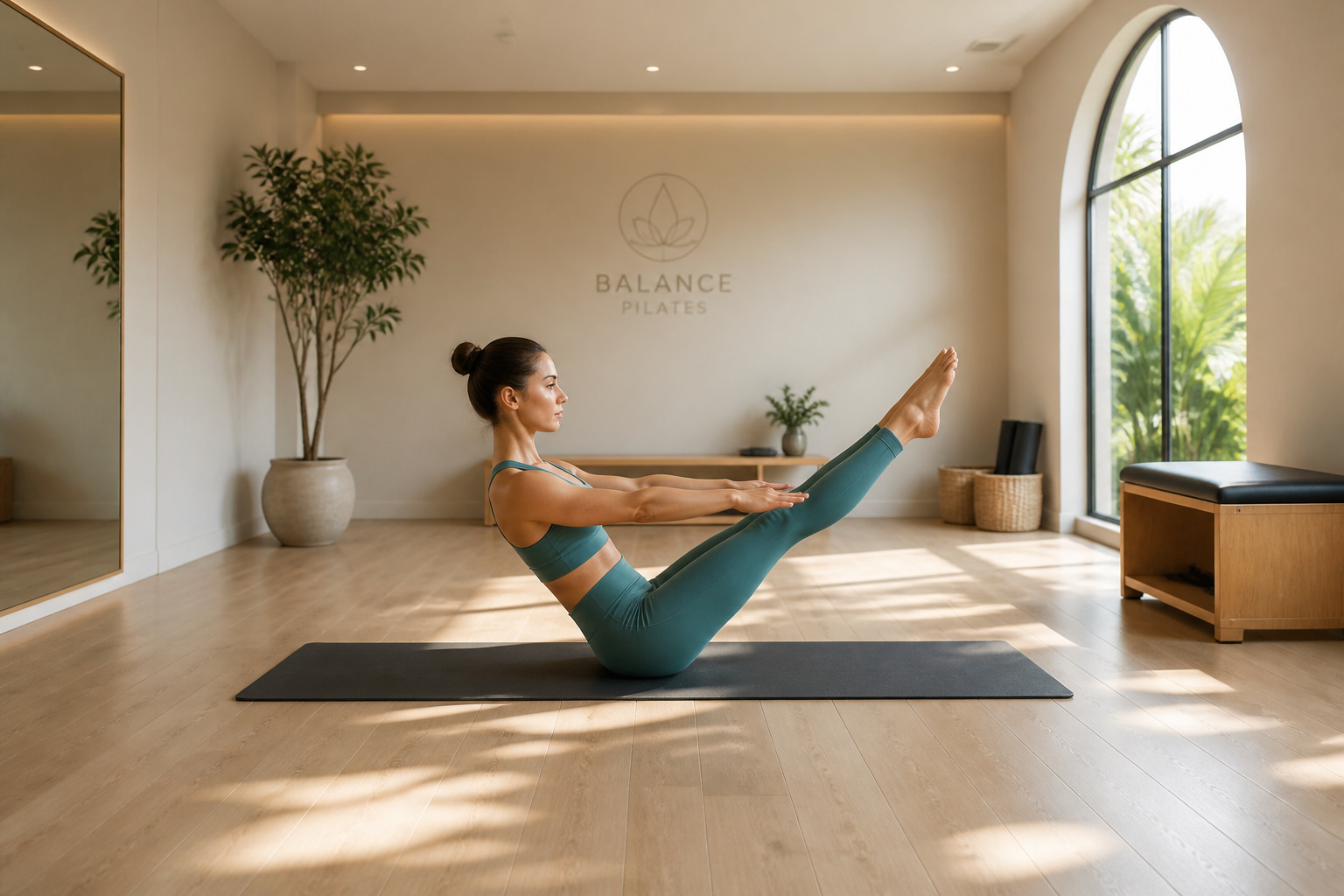 Femme pratiquant le pilates dans un studio serein