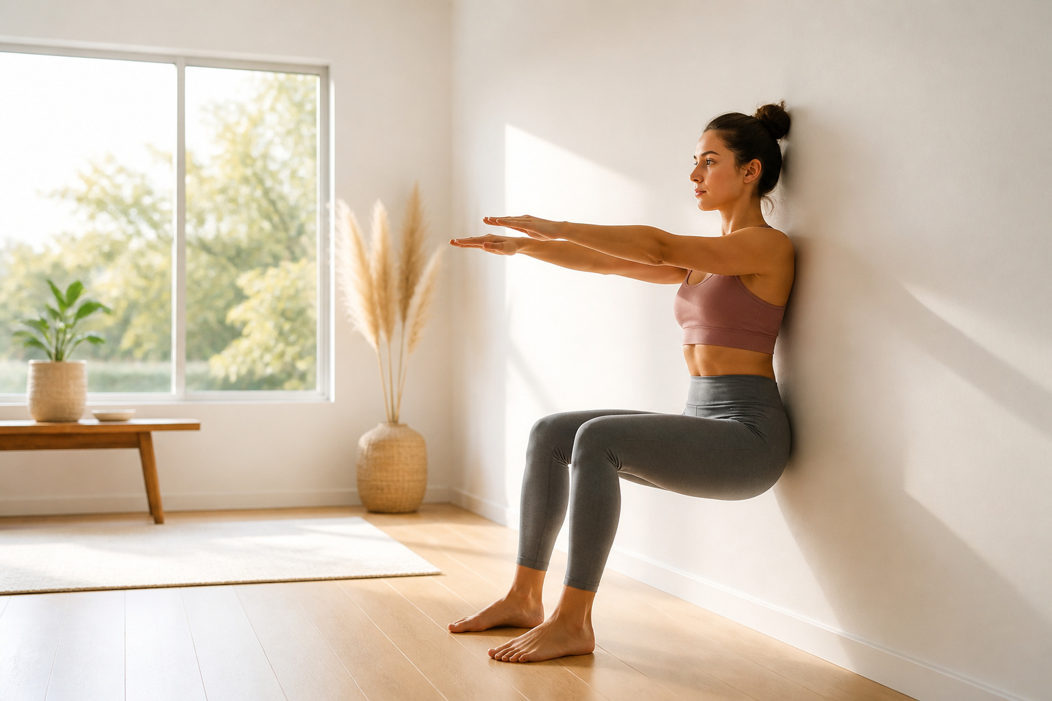 Femme en posture de pilates contre un mur
