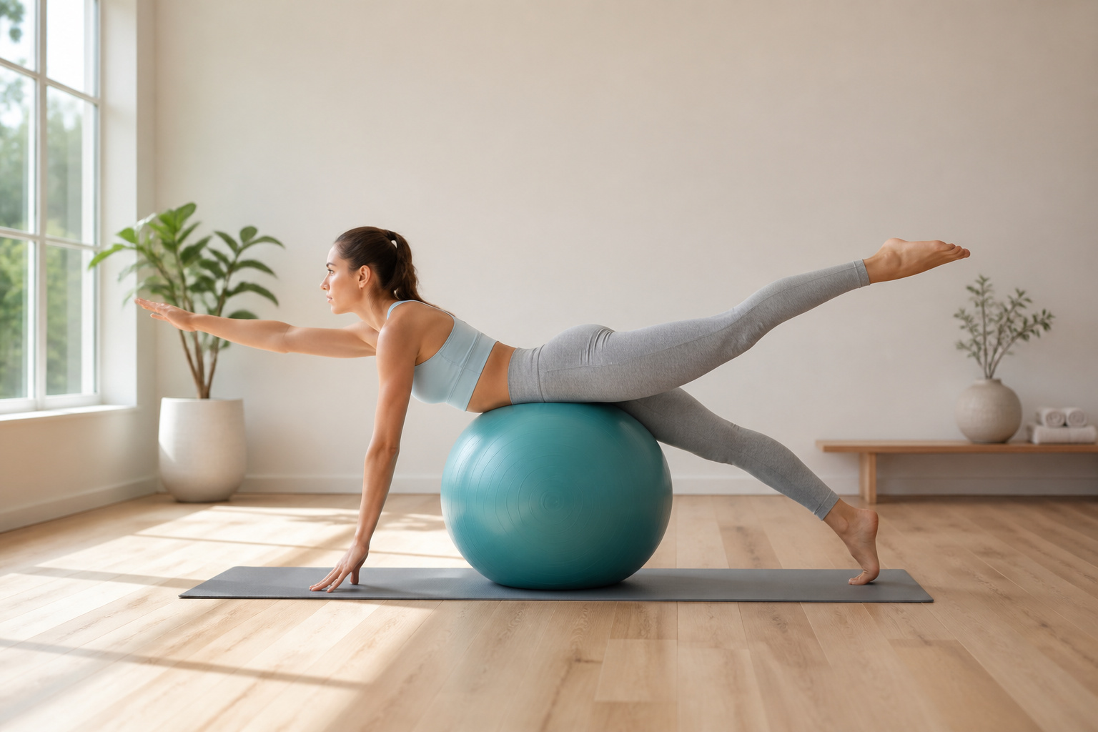 Femme pratiquant le pilates sur ballon