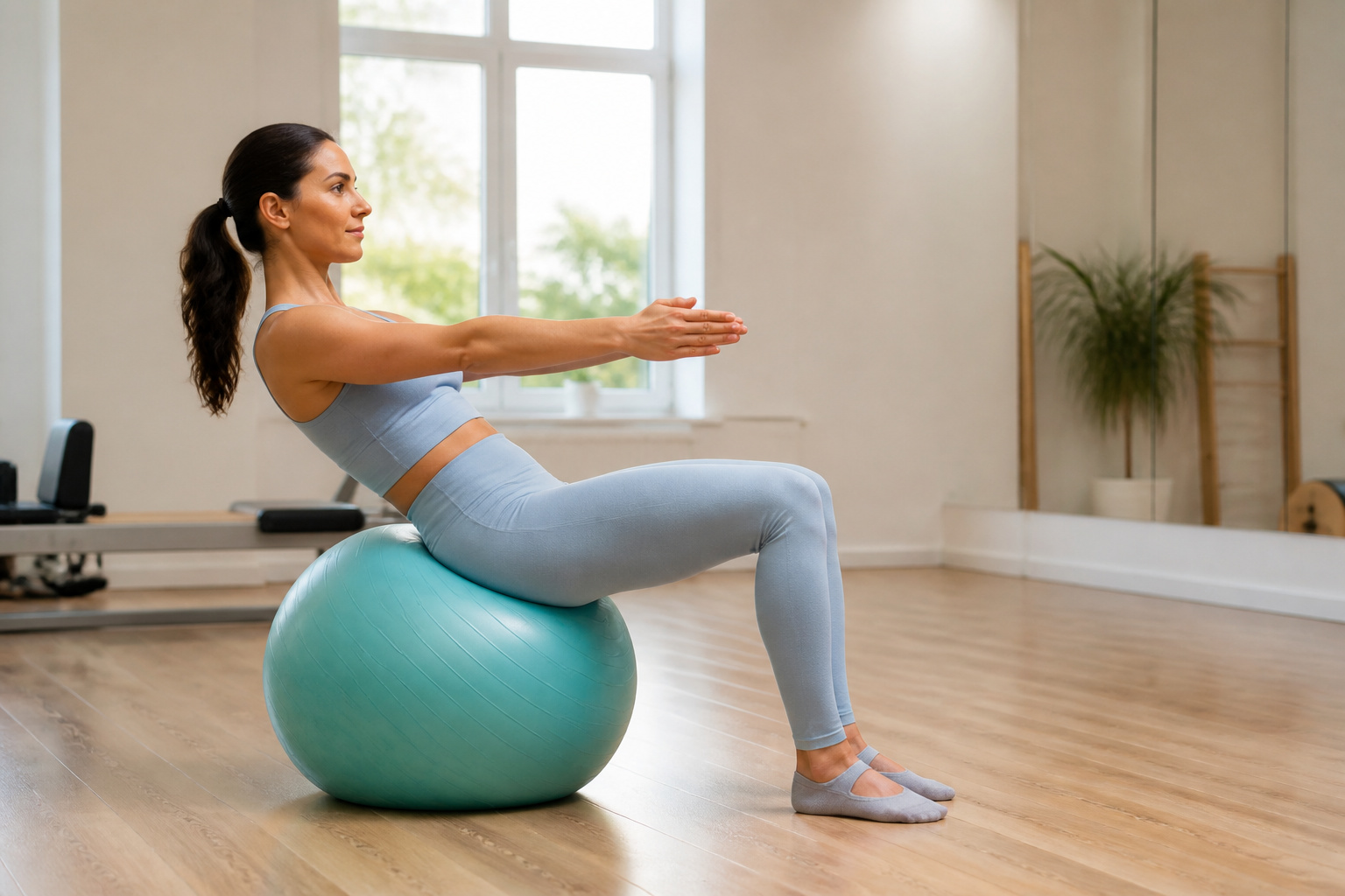 Femme en plein exercice de pilates sur ballon