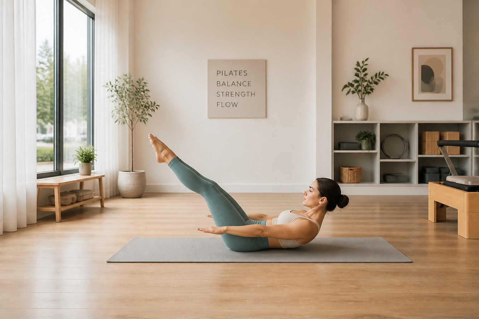 Femme pratiquant le pilates dans un studio lumineux
