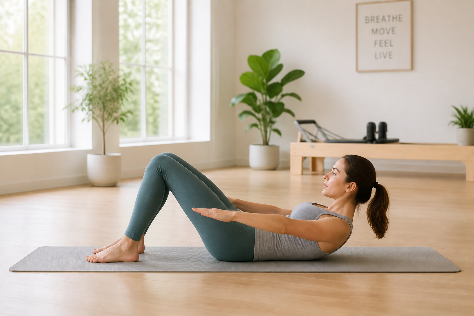 Femme pratiquant le pilates dans un studio lumineux