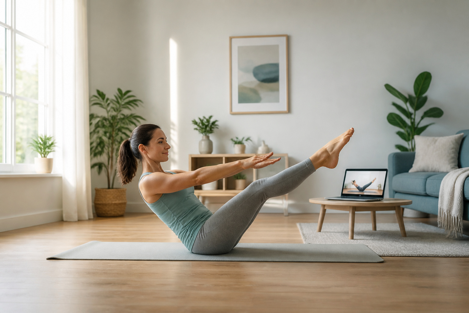 Femme pratiquant le pilates a domicile
