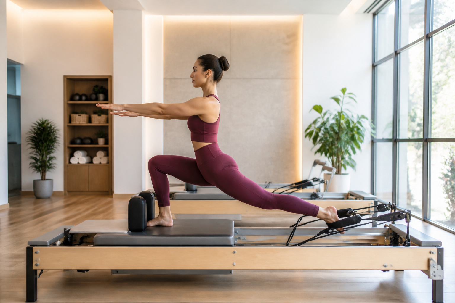 Femme en tenue de sport sur reformer pilates