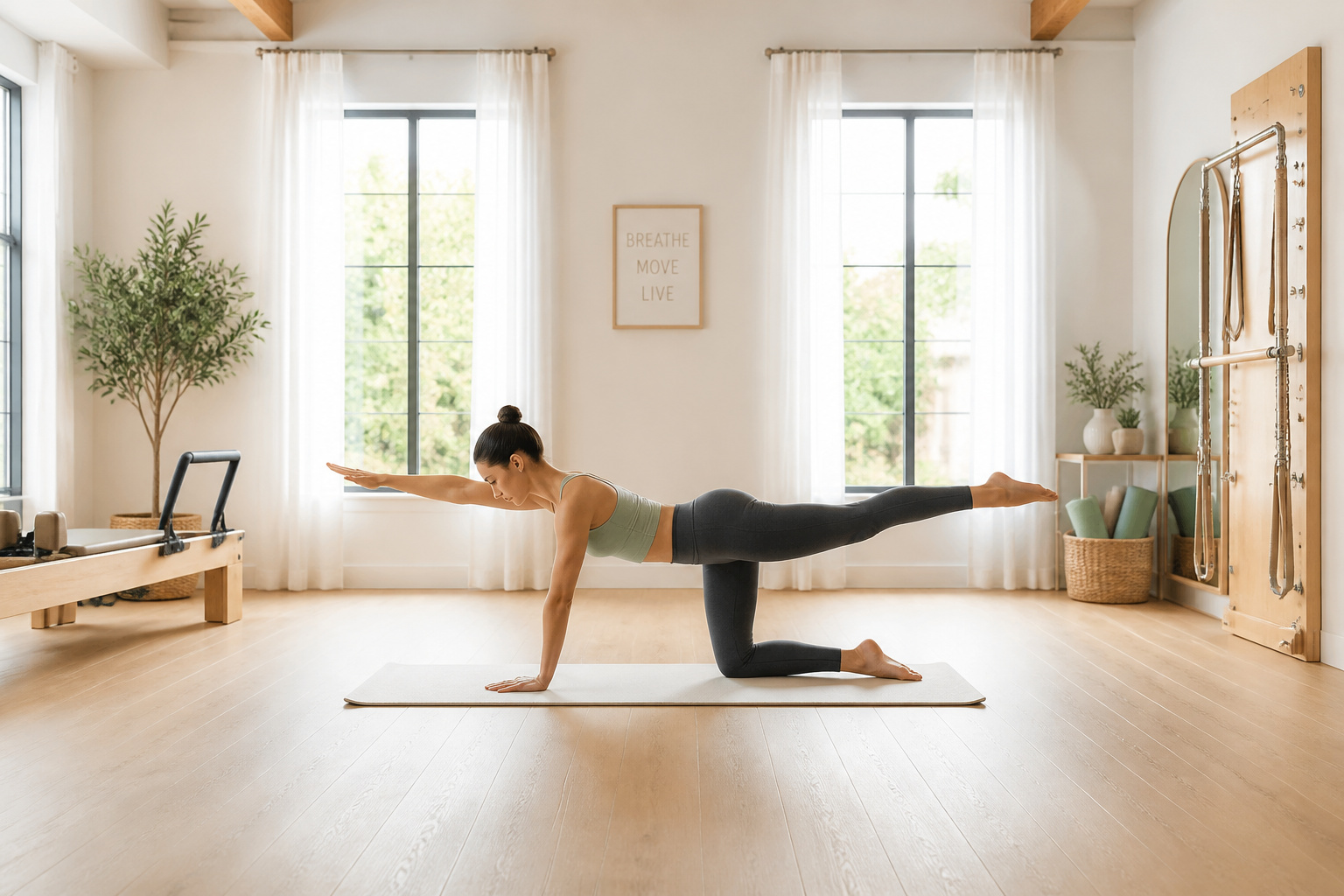 Femme pratiquant le pilates dans un studio lumineux