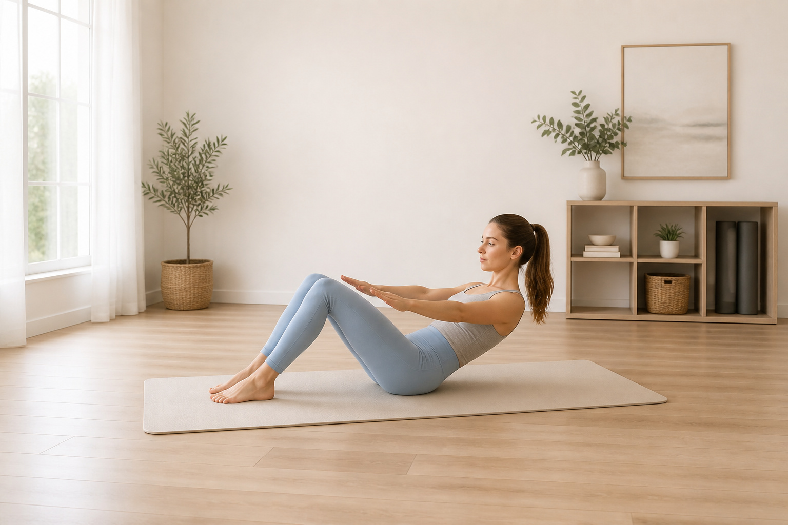 Femme faisant du pilates dans un studio lumineux