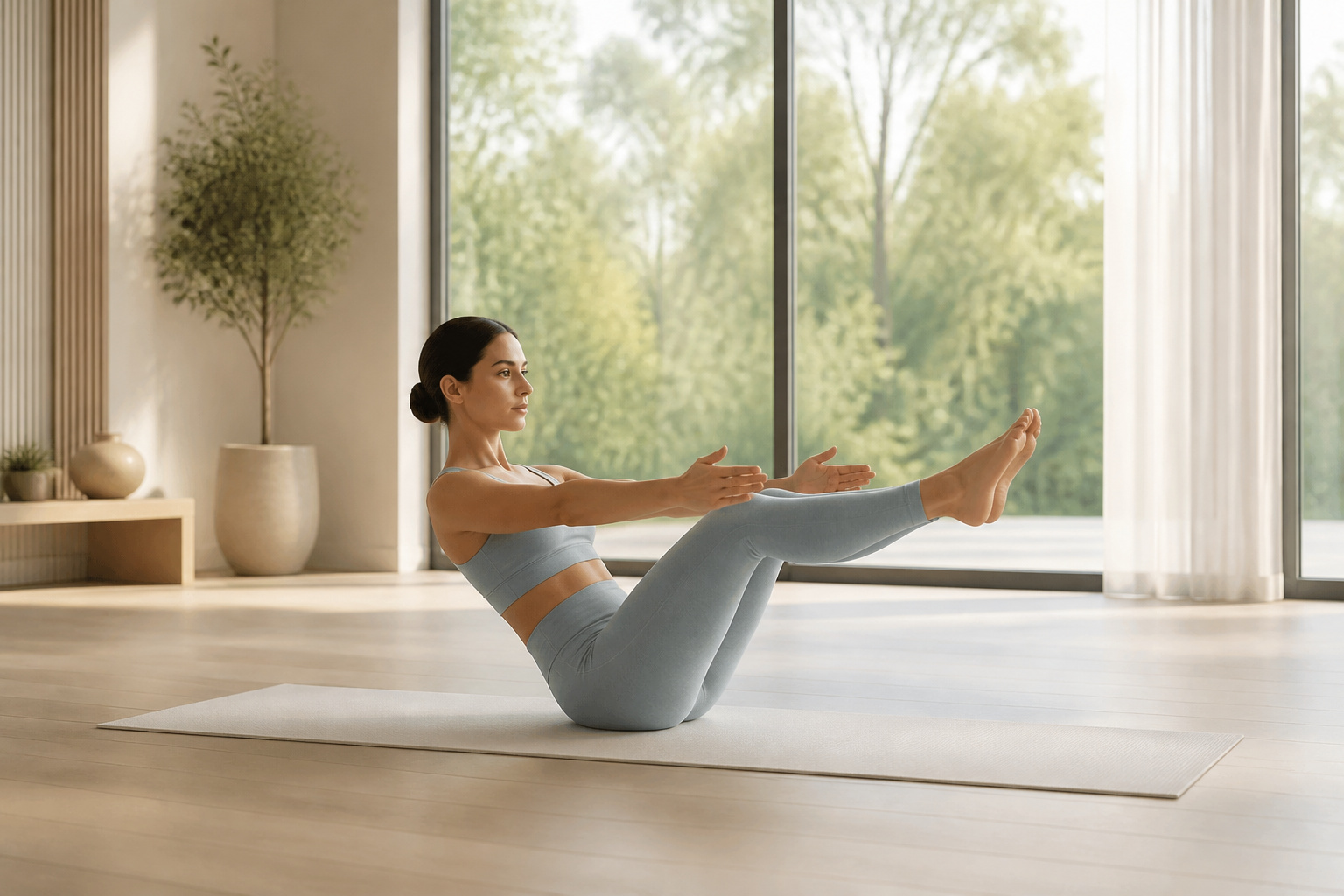 Femme pratiquant le pilates dans un studio lumineux